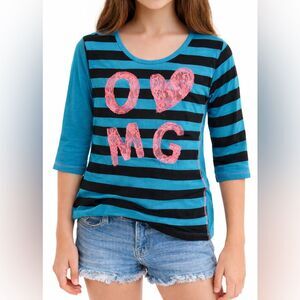 One Step Ahead Girls 10/12 Teal Stripe Lace Back Top OMG Graphic Shirt
